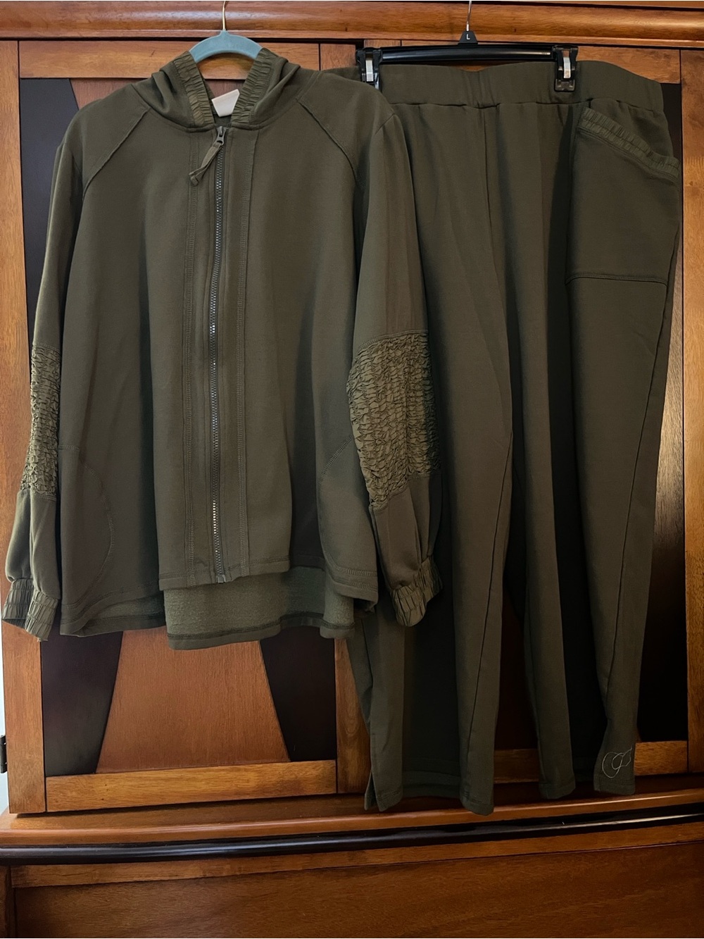 LOGO by Lori Goldstein Olive Hooded Zip Jacket & Pull-On Pants Set w/Ruched Trim